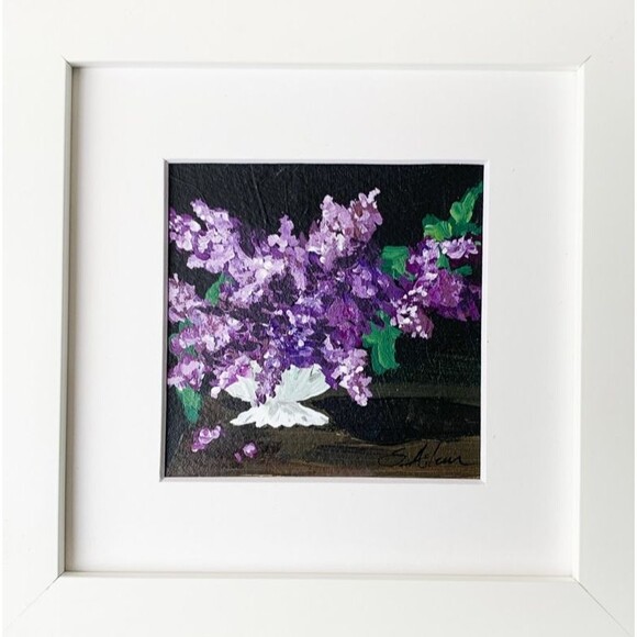 Framed Original Painting Purple Lilac Flowers Floral Dark Background Signed 7x7 - Picture 1 of 4